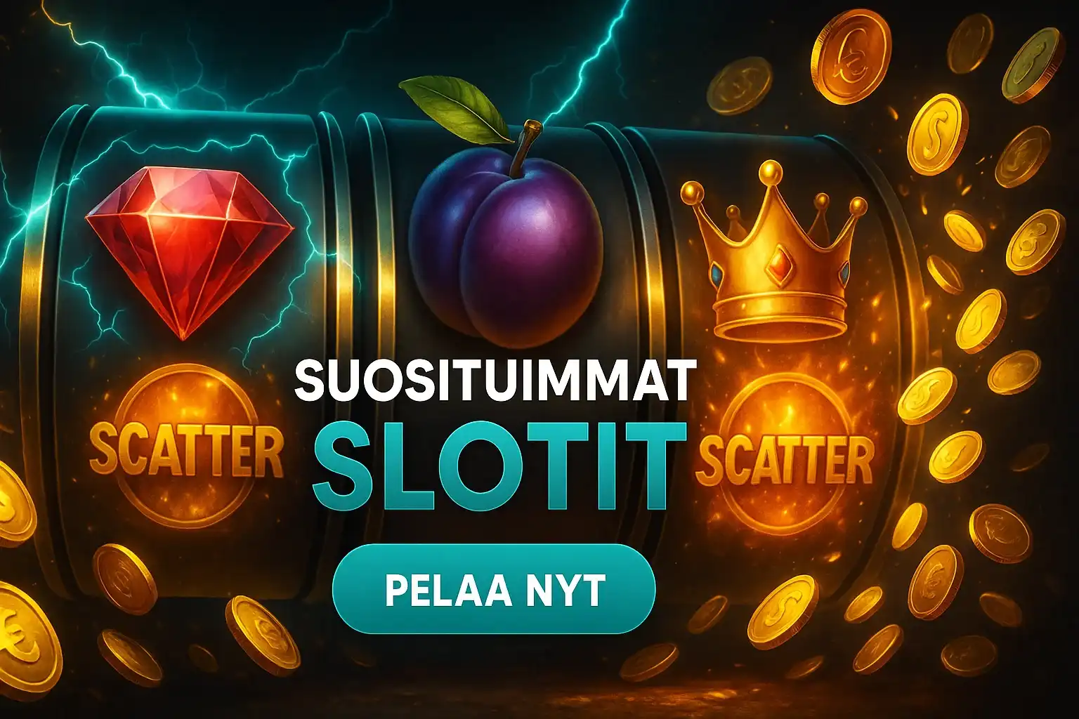 Fotorealistinen suomalainen kasinobanneri, slotit, kolikot, teal-salama ja CTA