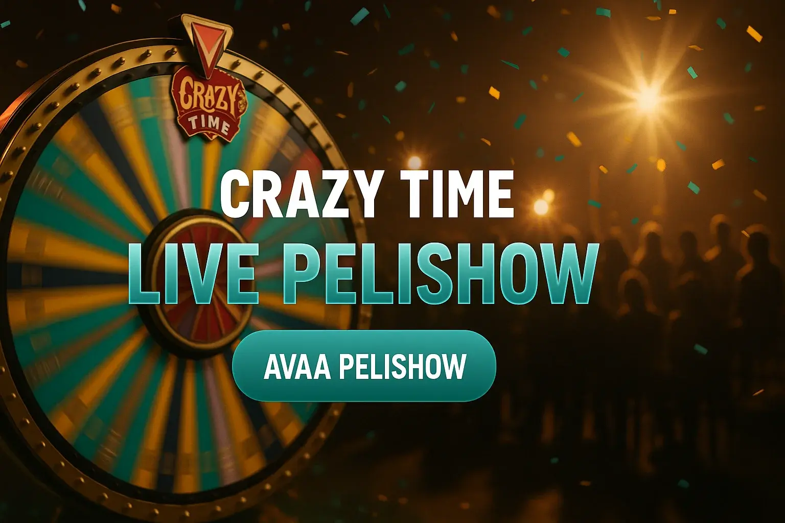 Fotorealistinen live-kasinobanneri, Crazy Time -pyörä, konfetti ja pelishow-valot