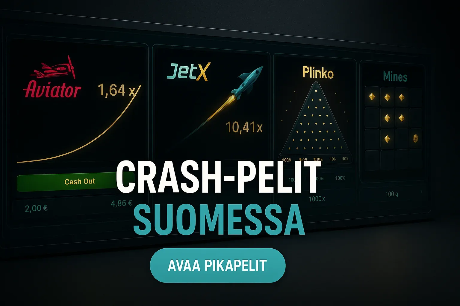 Suomalainen kasinobanneri crash-peleistä, neljä pelinäkymää ja CTA-painike
