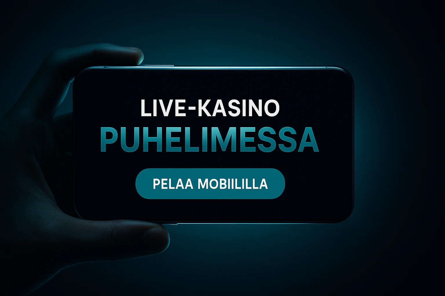 Fotorealistinen suomalainen live-kasinomainosbanneri, puhelin ja teksti LIVE-KASINO
