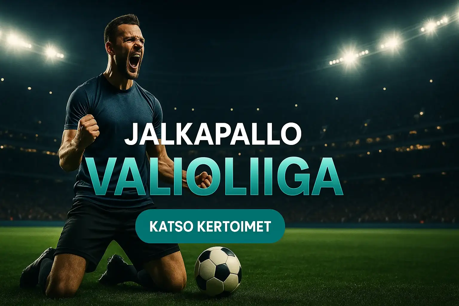 Fotorealistinen vedonlyöntibanneri, jalkapalloilija juhlii maalintekoa valaistulla stadionilla